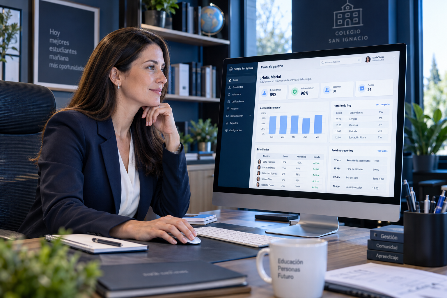 Mujer trabajando frente a un monitor grande con un dashboard de alumnos, asistencia y horarios escolares.
