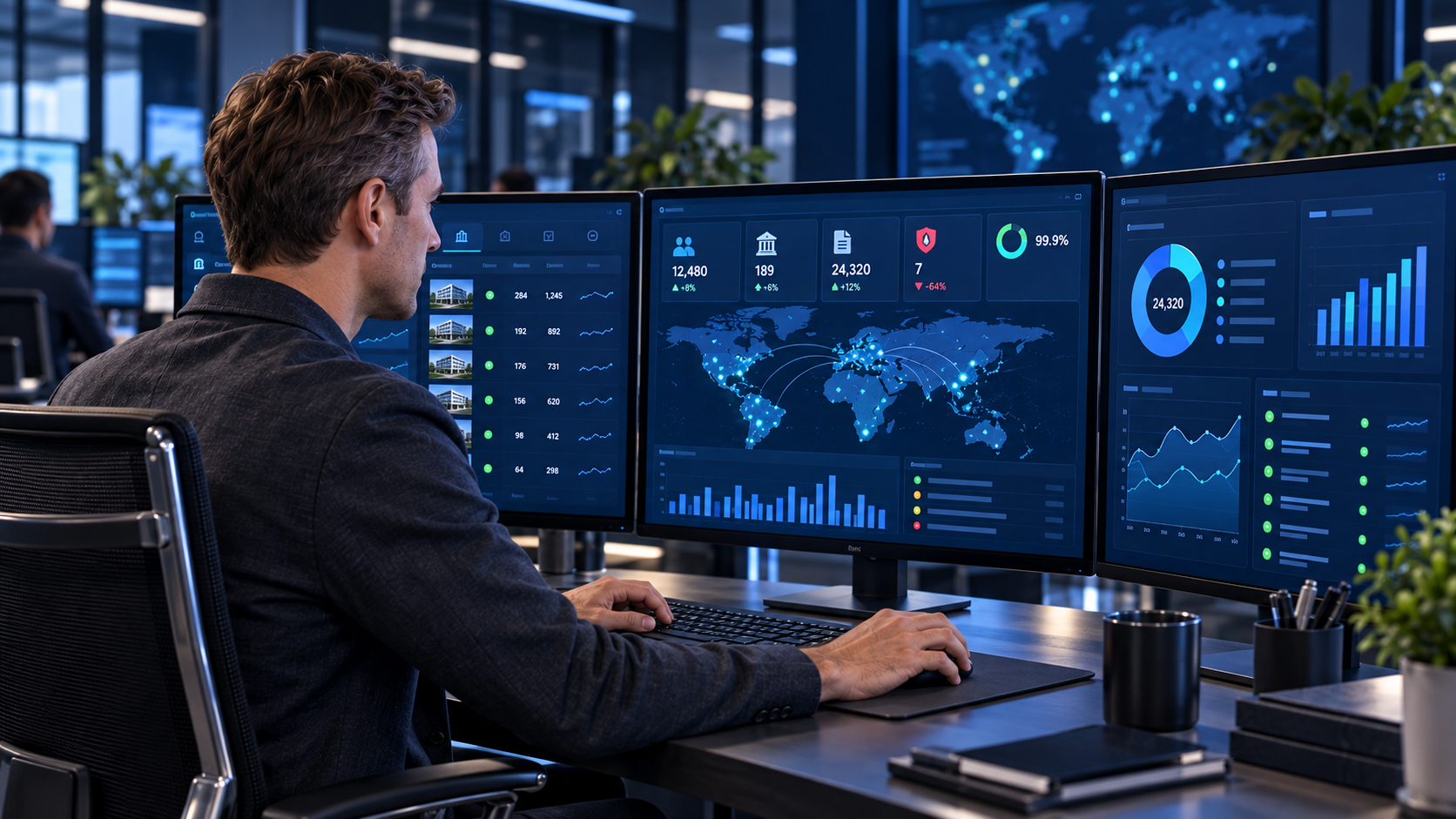 Operador supervisando monitores de la plataforma.
